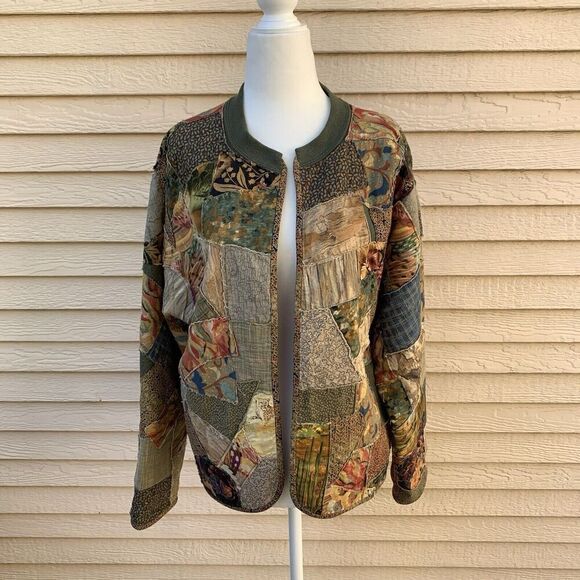 American Vintage Sweaters - Vintage Handmade Patchwork Crazy Quilt M L Cardigan Sweater Floral Lion Cheetah